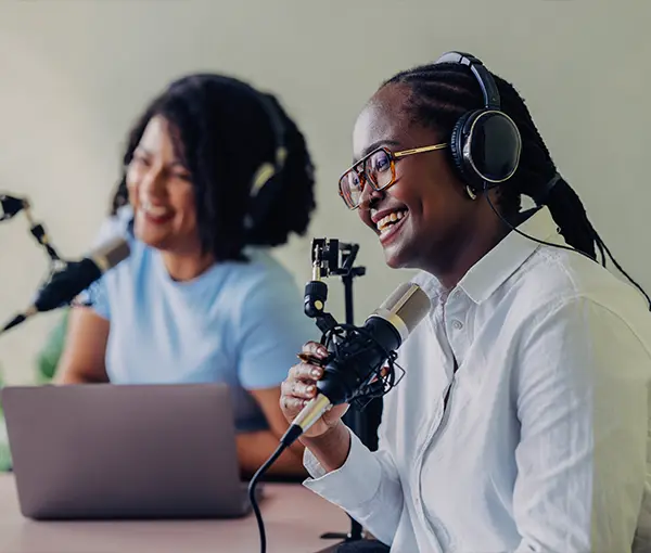 Two people presenting a webcast
